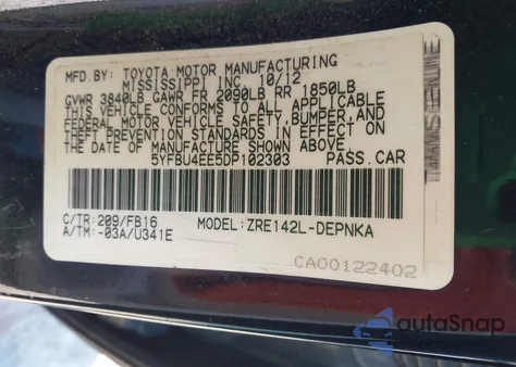 2013 Toyota Corolla Le from USA, damaged, VIN 5YFBU4EE5DP102303